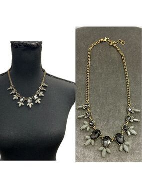 J.Crew statement necklace gold tone Smokey faceted stones gray leaf accents